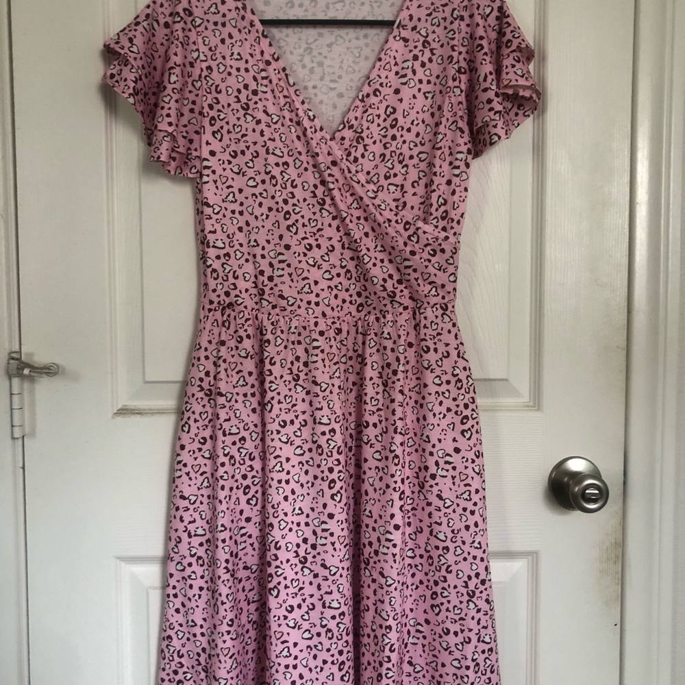 Pink and White V-Neck Flutter Sleeve Midi Dress